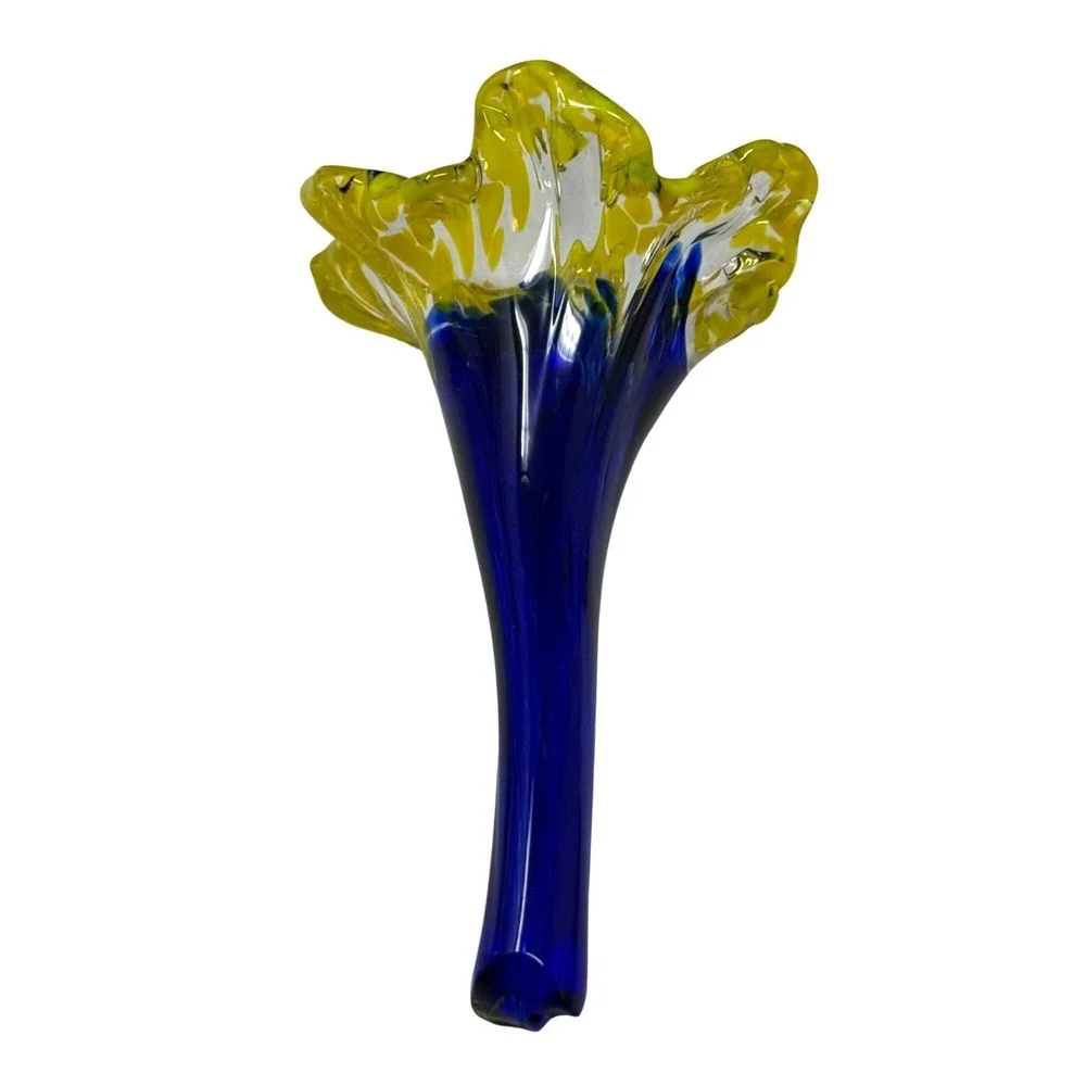 Hand Blown‎ Flower Glass Art Yellow Blue 8.5